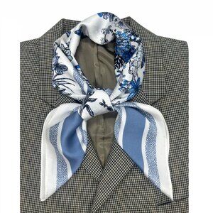 ✨Women's White & Blue Floral Silky Satin Square Scarf Butterfly Print Foulard